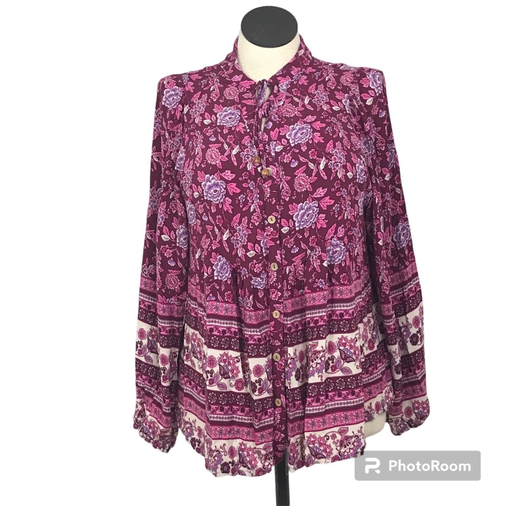 Round Neck Button Up Boho Top Women’s Size XL Purple Floral Long Bishop Sleeve’s